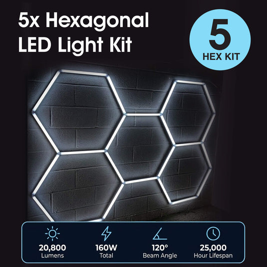 5 hexagon LED kit with 20,800 lumens, 160w, 120 degree beam and 25,000 hour life
