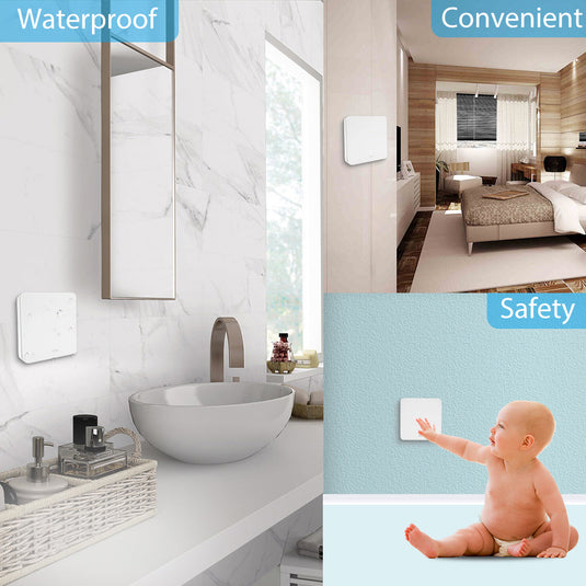 Kinetic switch receiver shown in different rooms