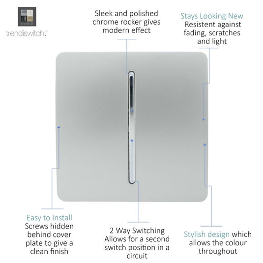 Silver 1 gang light switch with feature notes