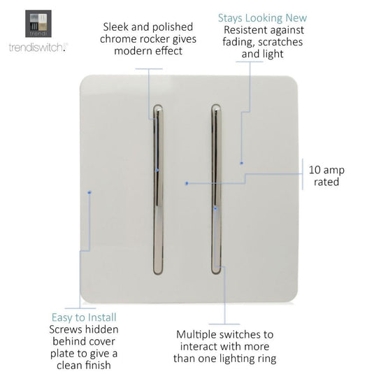 White 2 gang light switch with feature notes