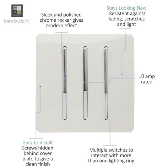 White 3 gang light switch with feature notes