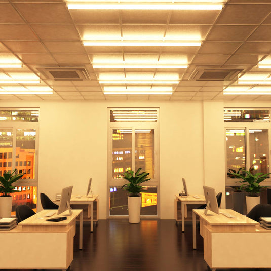Office lit by warm white sensor battens