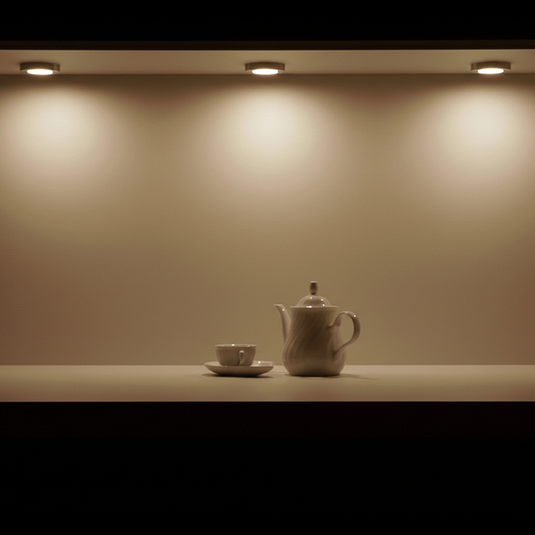 Cabinet lights switched on under a cupboard