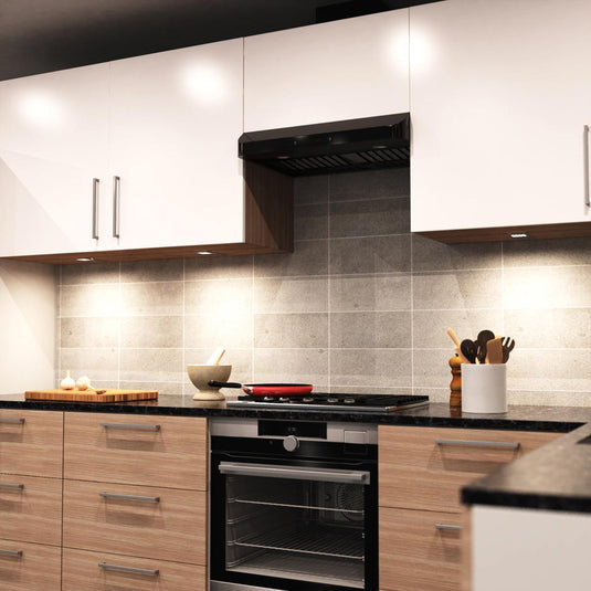 Kitchen run of wall units with natural white under cabinet lights