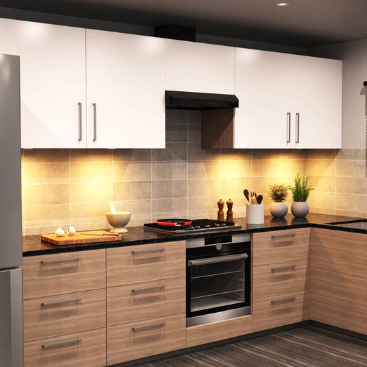 Kitchen units with warm white light underneath