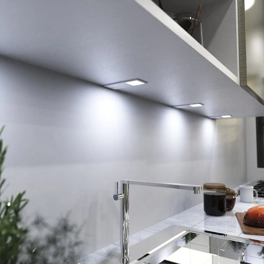 Recti Superslim 5w LED Cabinet Light, Matte White, above the sink in cool white light
