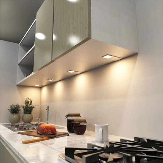 Recti Superslim 5w LED Cabinet Light, Matte White, in warm white light lit, above the sink setting