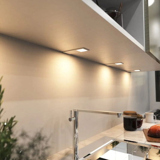 Recti Superslim 5w LED Cabinet Light, Matte White, above the sink in warm white light