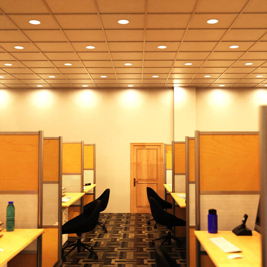 Full view of an office with warm white LED panels