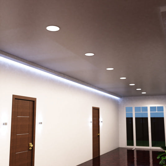 Hallway ceiling with natural white round panels