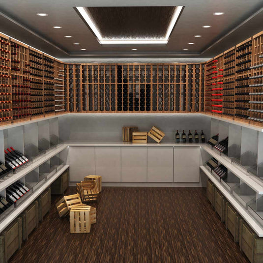 Wine cellar lit in natural white by circular LED panels