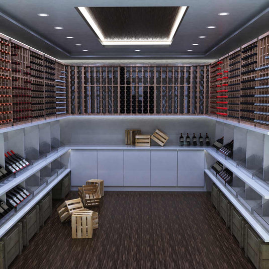 Wine cellar lit in cool white by circular LED panels