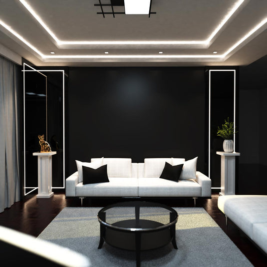 Living room with natural white LED strip along the walls and shelves
