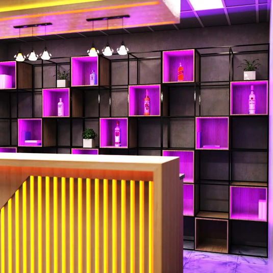 COB Dotless LED Strip Lighting lounge setting, wine display case full view