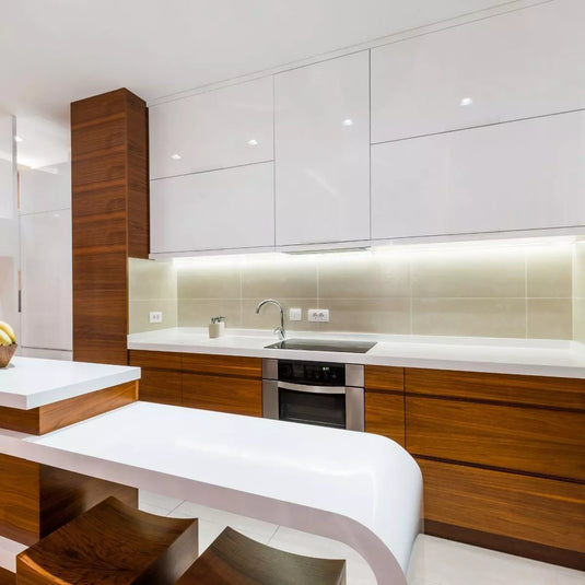 kitchen with cool white tape light