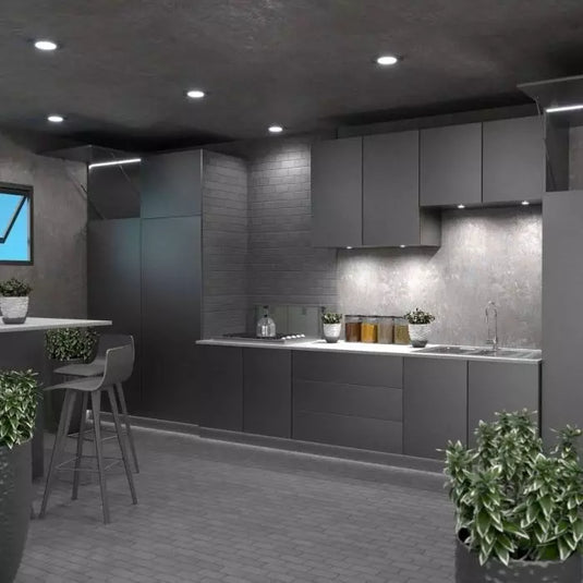 Kitchen with recessed type led cabinet light with cool white lights
