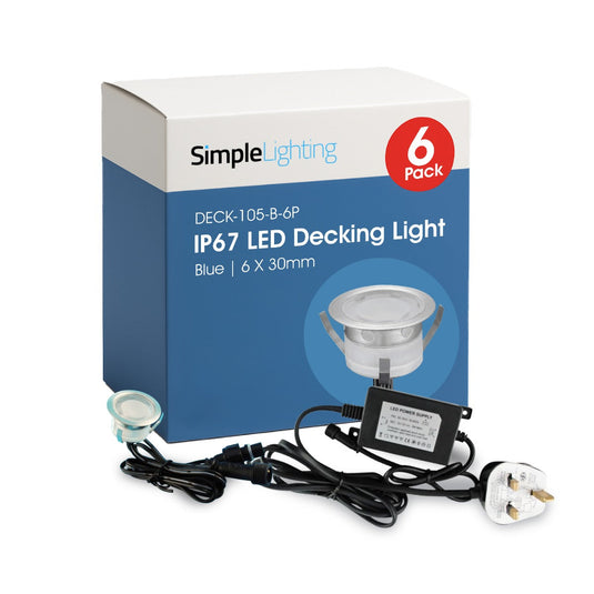 Pack of 6 30mm blue decking lights, close up