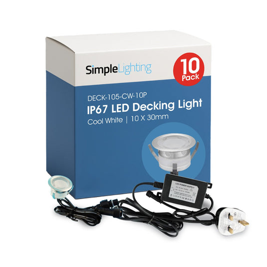 Pack of 10 30mm cool white decking lights, close up