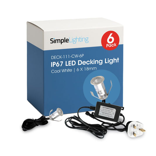 Pack of 6 18mm mini cool white decking lights with driver