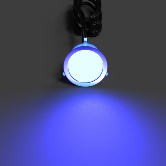Close up of the 30mm decking light giving blue light