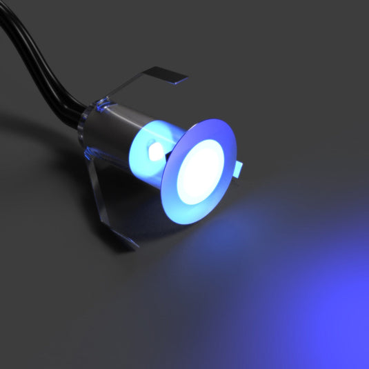 Close up of the 18mm mini decking light lit blue