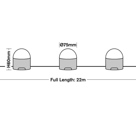 Diagram with the festoon lamp dimensions and 22m length