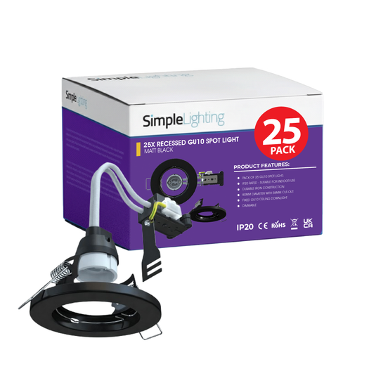 Pack of 25 matt black fixed GU10 downlights, 80mm