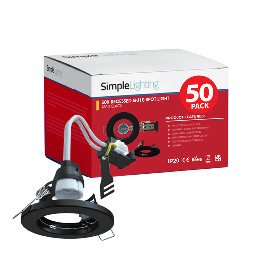 Pack of 50 matt black fixed GU10 downlights, 80mm