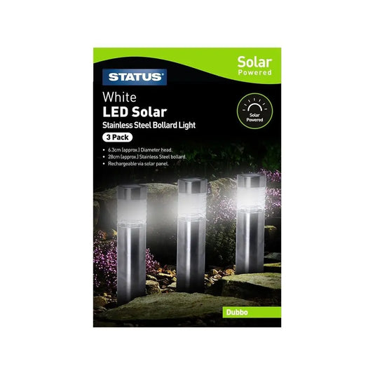 Pack of 3 Dubbo Stainless Steel LED Solar Bollard Light in a box