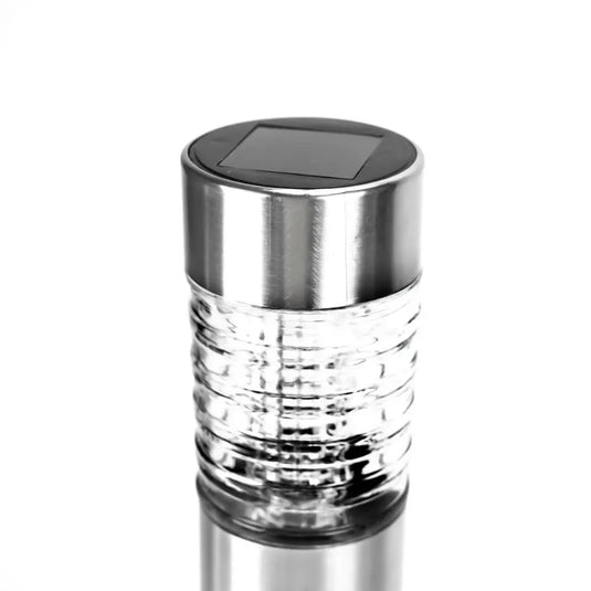 Dubbo Stainless Steel LED Solar Bollard Light close up shot of light and solar panel feature