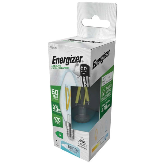 E14, 2.2w LED Candle Bulb, A Rated Filament Style - 6500K Cool White Energizer full view shot