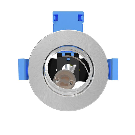 Fire Rated, Adjustable GU10 Downlight - Brushed Chrome front facing without bulb