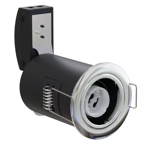 side shot of Die-Cast, Fire Rated LED Downlight, GU10, Fixed, Twist and Lock - Polished Chrome Finish without bulb