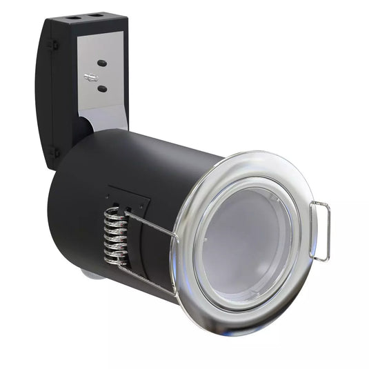 side shot of Die-Cast, Fire Rated LED Downlight, GU10, Fixed, Twist and Lock - Polished Chrome Finish with bulb