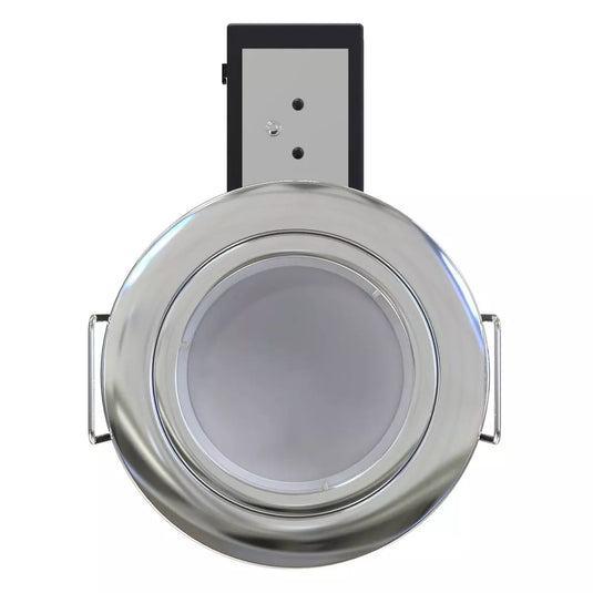 front facing of Die-Cast, Fire Rated LED Downlight, GU10, Fixed, Twist and Lock - Polished Chrome Finish with bulb