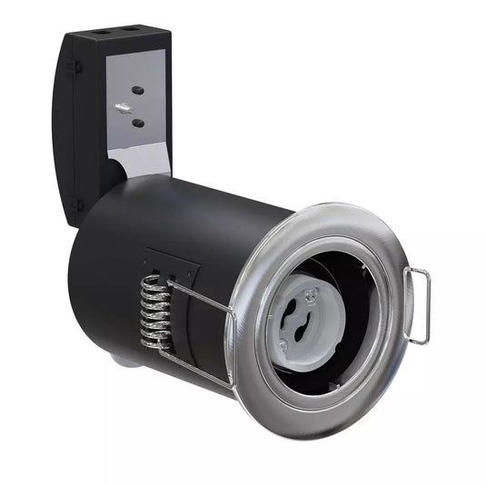 side shot of Die-Cast, Fire Rated LED Downlight, GU10, Fixed, Twist and Lock - Brushed Chrome Finish without bulb