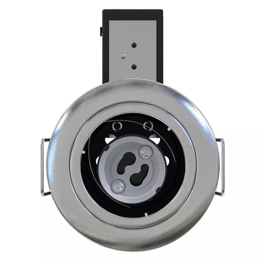 front facing of Die-Cast, Fire Rated LED Downlight, GU10, Fixed, Twist and Lock - Brushed Chrome Finish without Bulb