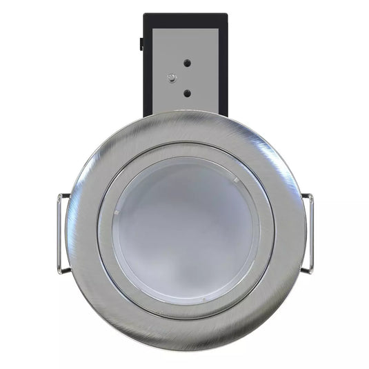 front facing of Die-Cast, Fire Rated LED Downlight, GU10, Fixed, Twist and Lock - Brushed Chrome Finish with bulb