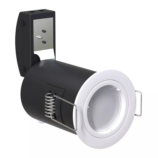 side shot of Die-Cast, Fire Rated LED Downlight, GU10, Fixed, Twist and Lock - White Finish with bulb