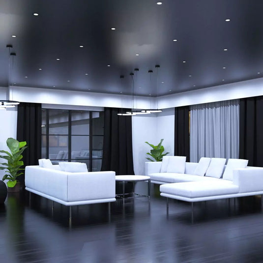 6w Fire Rated Downlight, Matt Black in living room with Cool white light living room setting