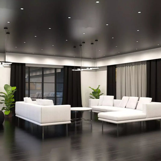 6w Fire Rated Downlight, Matt Black in living room with Natural white light living room setting