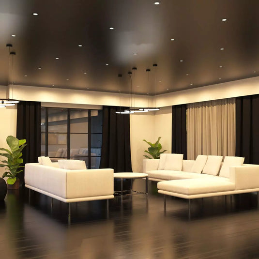 6w Fire Rated Downlight, Matt Black in living room with Warm white light living room setting