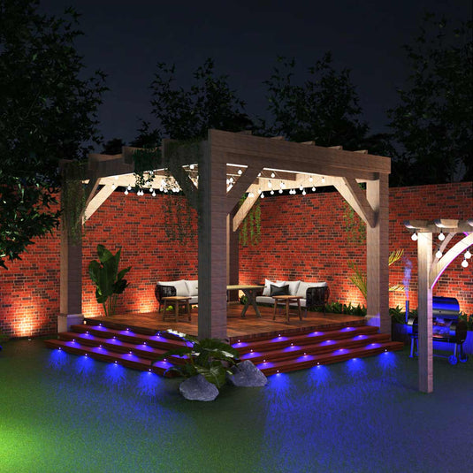 Decking lit by blue mini deck lights