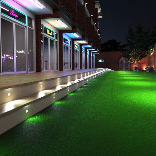Close view of steps lit with decking lights