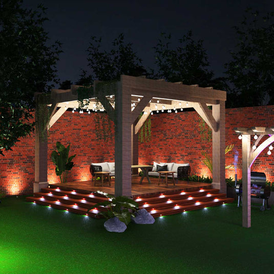 Deck lit by cool white decking lights at night