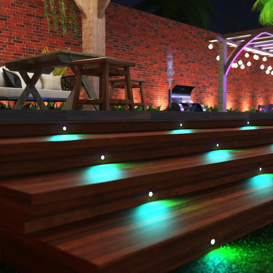 Decking steps lit by aqua deck lights