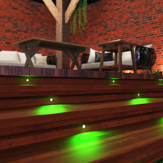 Decking lit green by RGB lights