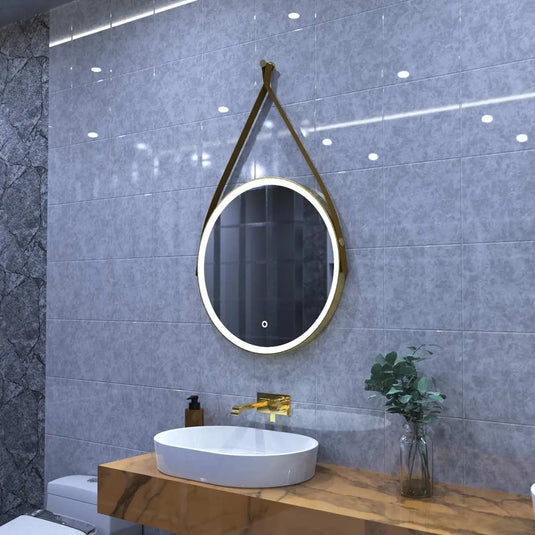 Gleam Hanging LED Bathroom Mirror - 600mm - Brushed Titanium Gold in cool white light, loo setting