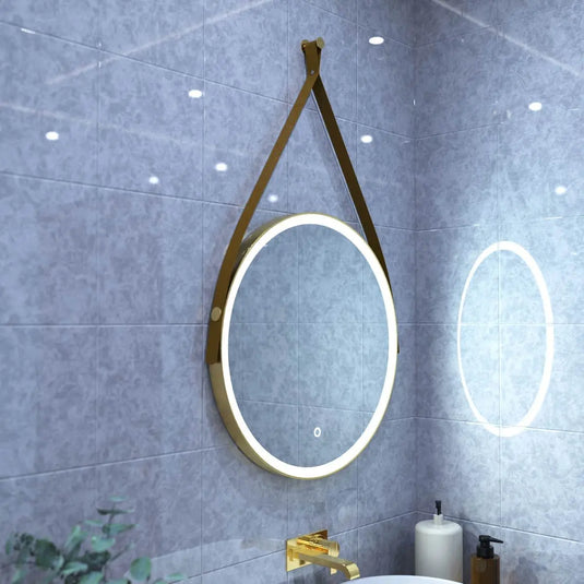 Gleam Hanging LED Bathroom Mirror - 600mm - Brushed Titanium Gold in cool white light mounted above the sink
