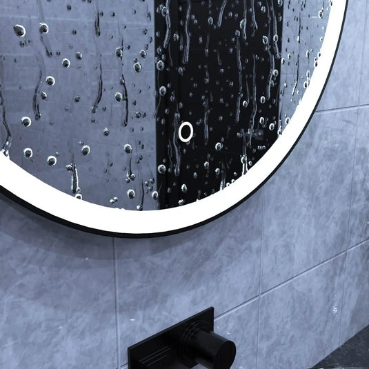 Gleam Hanging LED Bathroom Mirror - 600mm - Matte Black in cool white light above the sink, IP44-rated